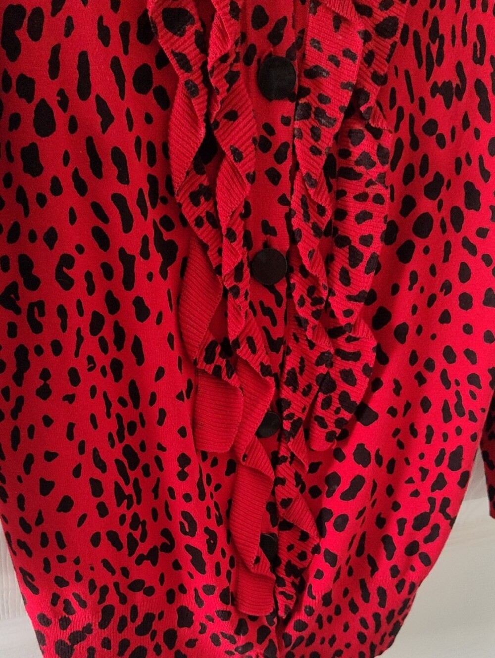 Jones New York Red Leopard Ruffle-Front Cardigan - Picture 4 of 5
